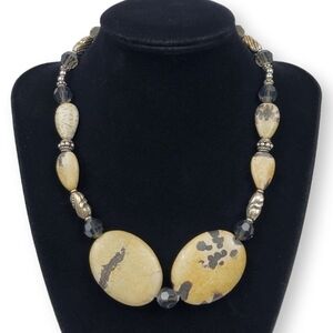 Jasper Beaded Statement Necklace Tan Gray Oval Natural Stone Silver Tone 19"